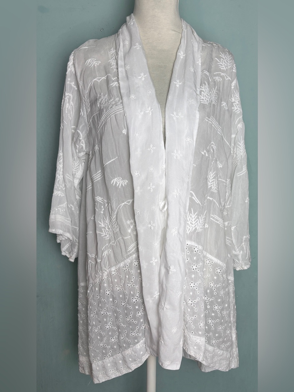Johnny Was White Embroidered Eyelet 3/4 Sleeve Kimono Duster Jacket S